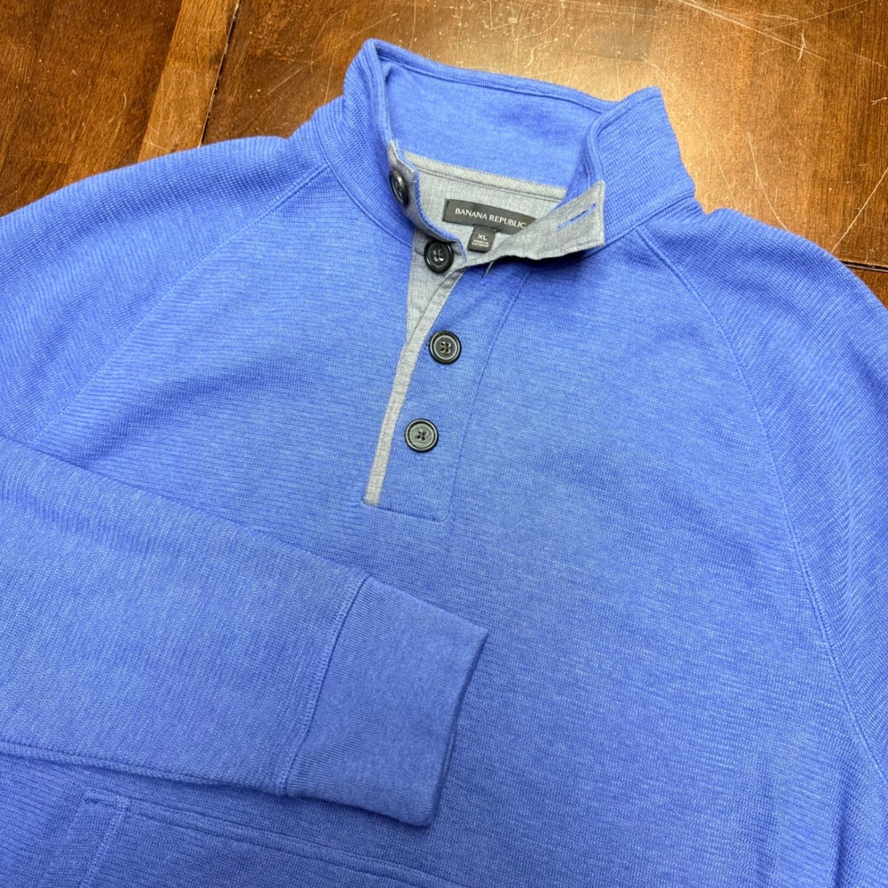 Banana Republic Pullover Mens XL Blue Textured Button Mock‎ Neck 676207-00